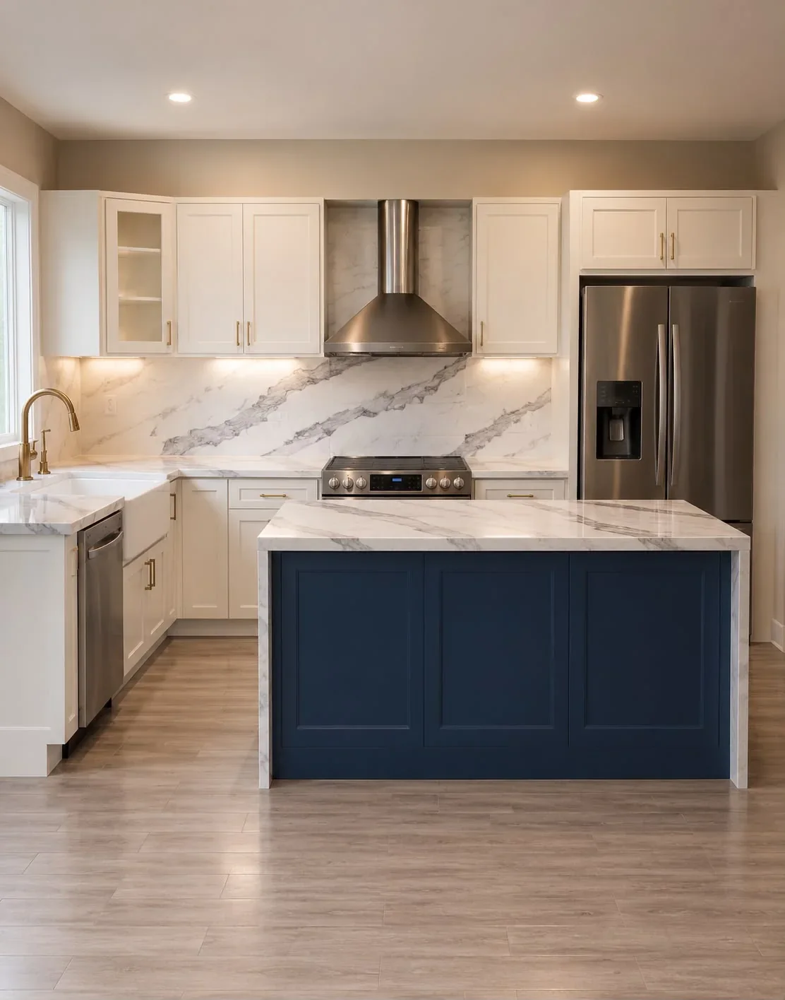 Finished kitchen with white shaker cabinets, a navy island with a waterfall stone top and a farmhouse sink