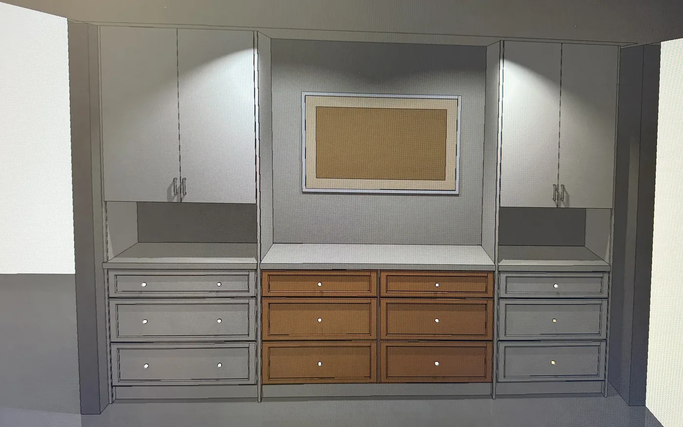 3D rendering of a bedroom wall unit with drawers and a TV niche