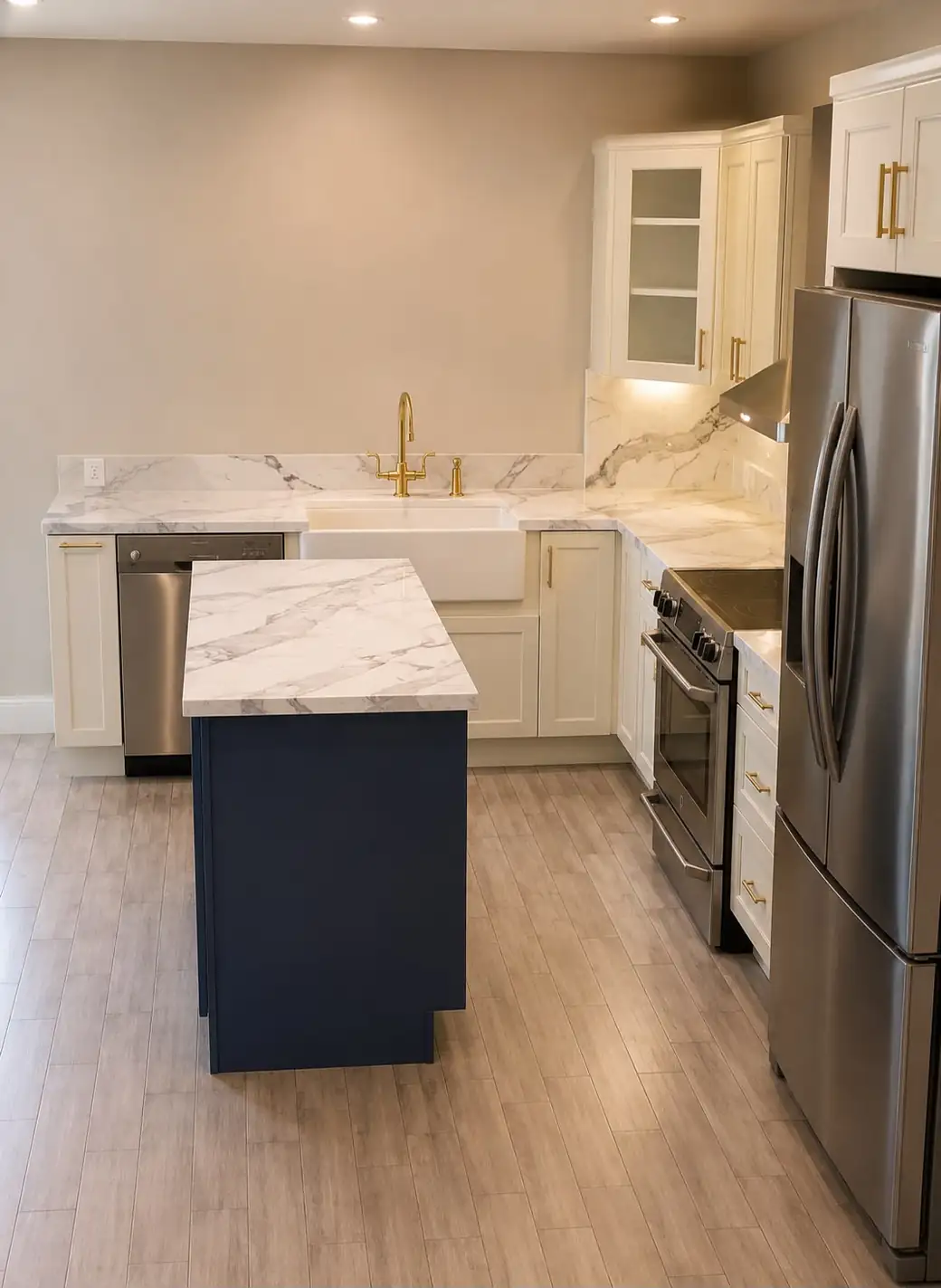 After: white shaker cabinets, a navy island with a stone waterfall top and gold fixtures